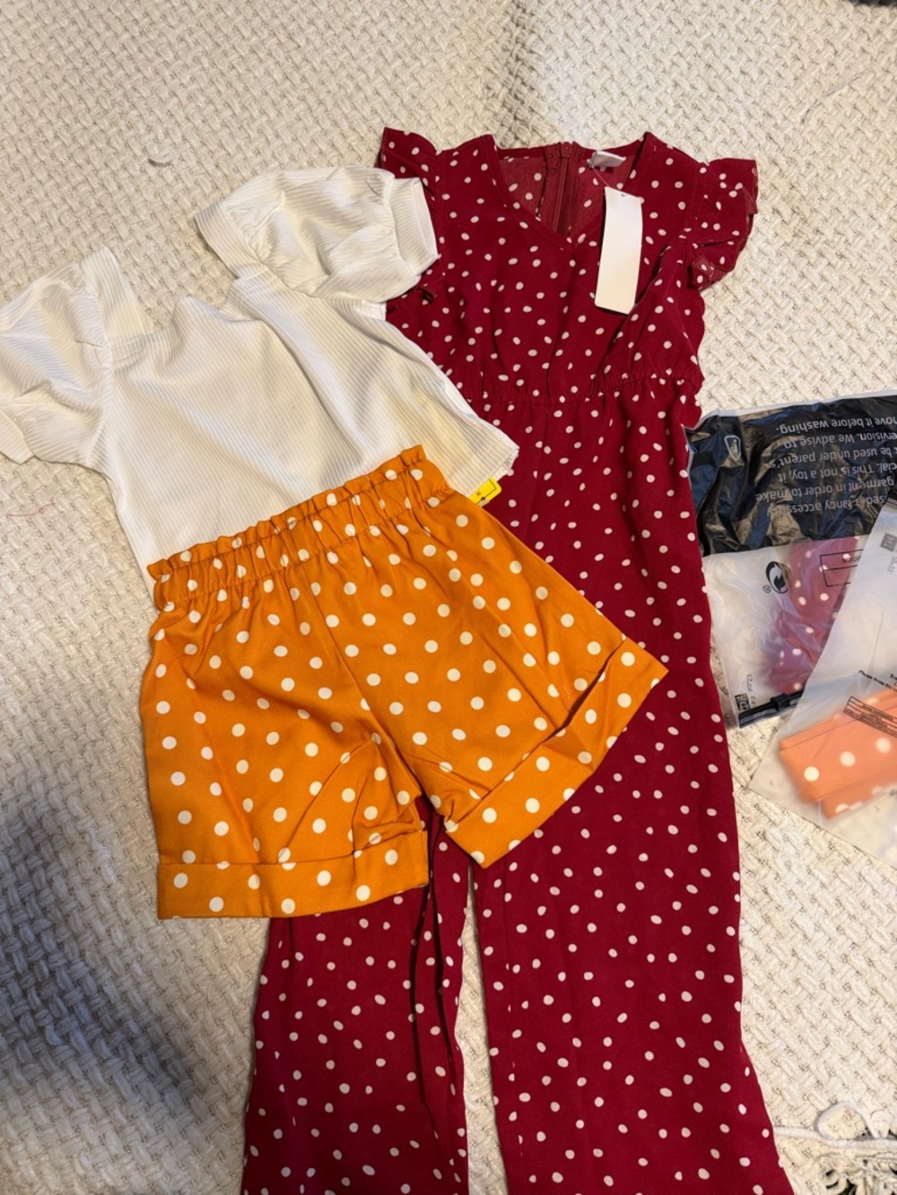Polka Dot Maroon Jumpsuit with White Puff Sleeve Top & Orange Polka Dot Shorts